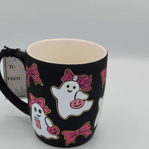 Cobwebs & Cauldrons Halloween ghost pink bow black mug - Picture 6 of 8